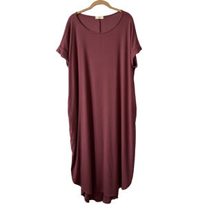 Entro Women’s Plus 1X Boho Short Roll Sleeve Hi Lo Maxi Ribbed Dress Fall Pink